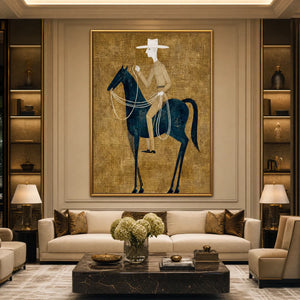 Minimalist equestrian wall art with blue horse and rider on golden textured background