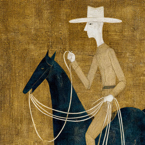 Minimalist equestrian portrait of a rider on a dark horse with golden textured background