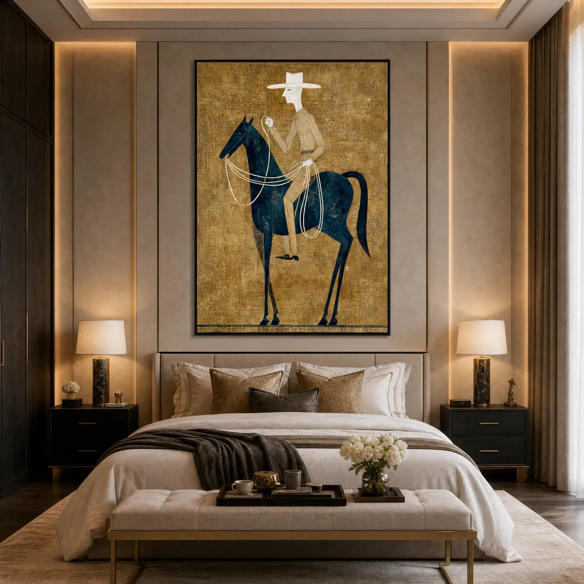 THE WANDERER: Minimalist Equestrian Portrait with Golden Texture