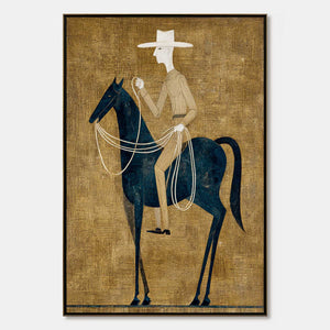 Minimalist equestrian wall art with a rider on a dark blue horse against golden texture