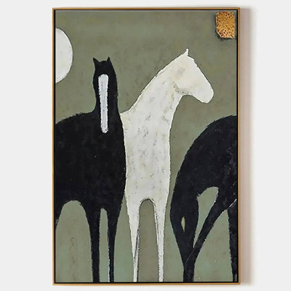 Minimalist black and white horse painting with three stylized horses on sage green background in gold frame.