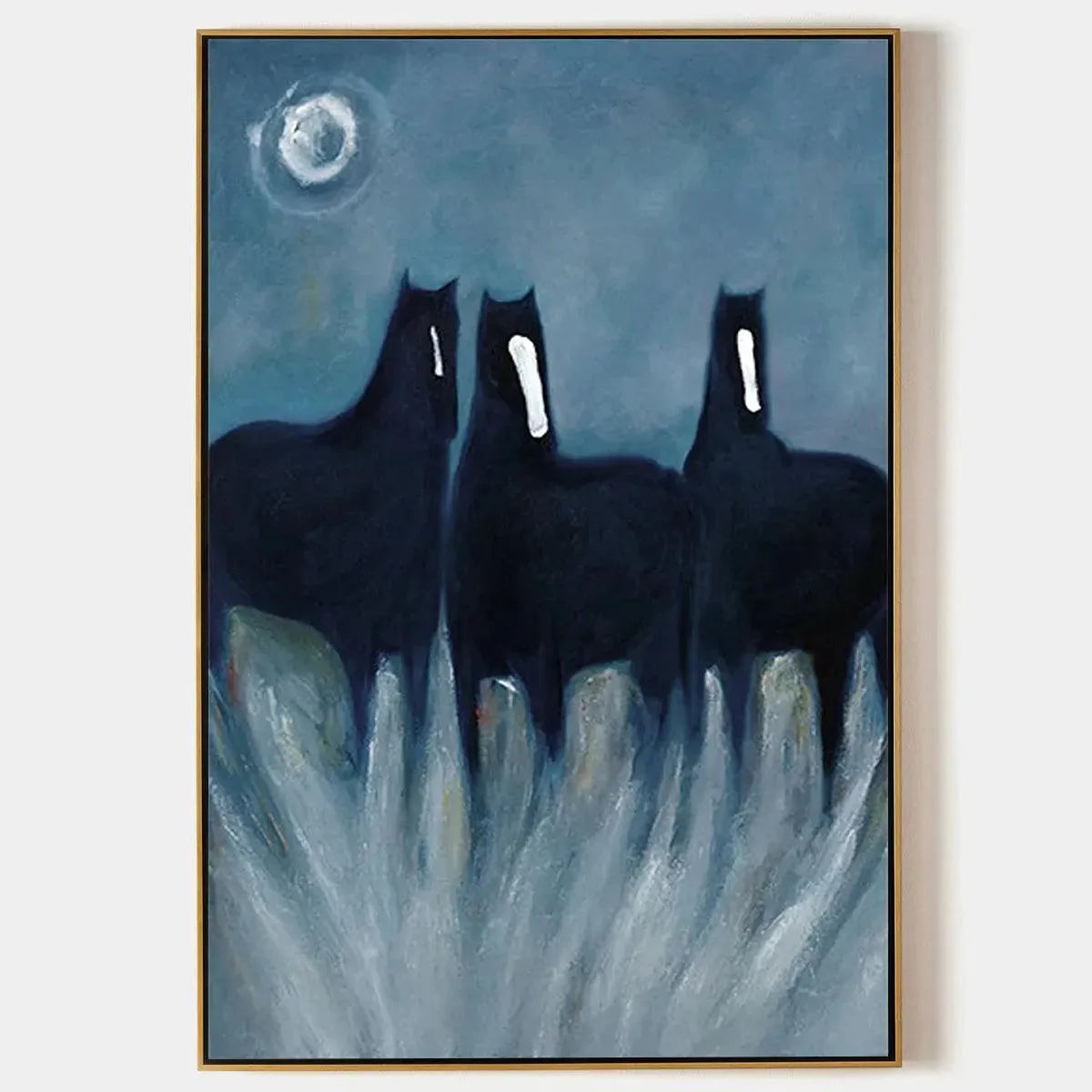 Three Horses at Night: Minimalist horse painting by Javier Ramirez, vertical wall art in blue and black tones