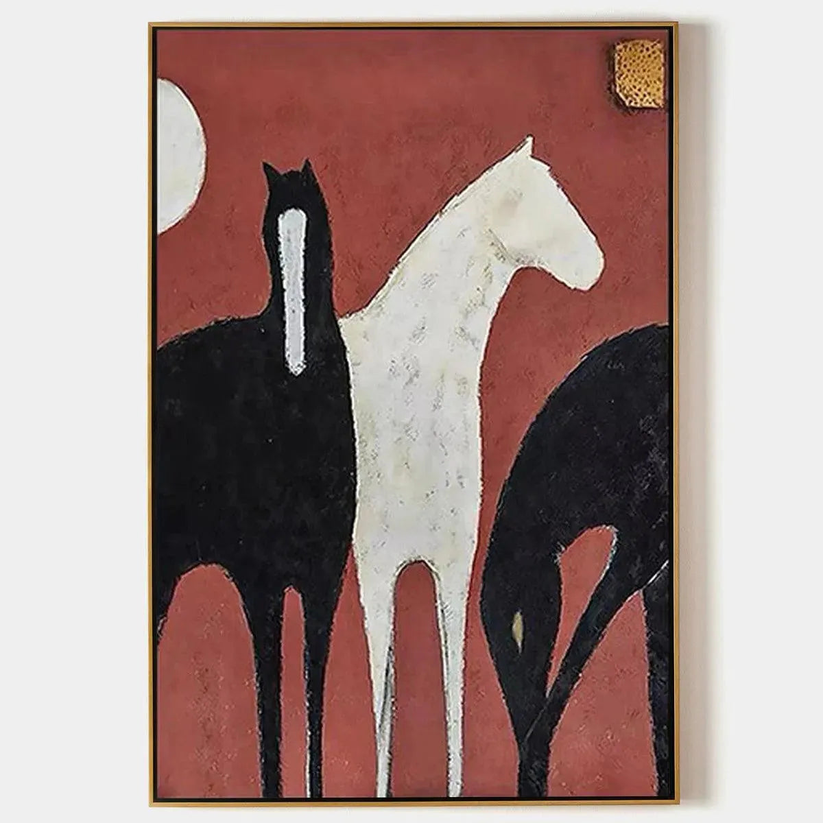 Minimalist vertical painting showcasing three horses, one white and two black, against a textured red background.