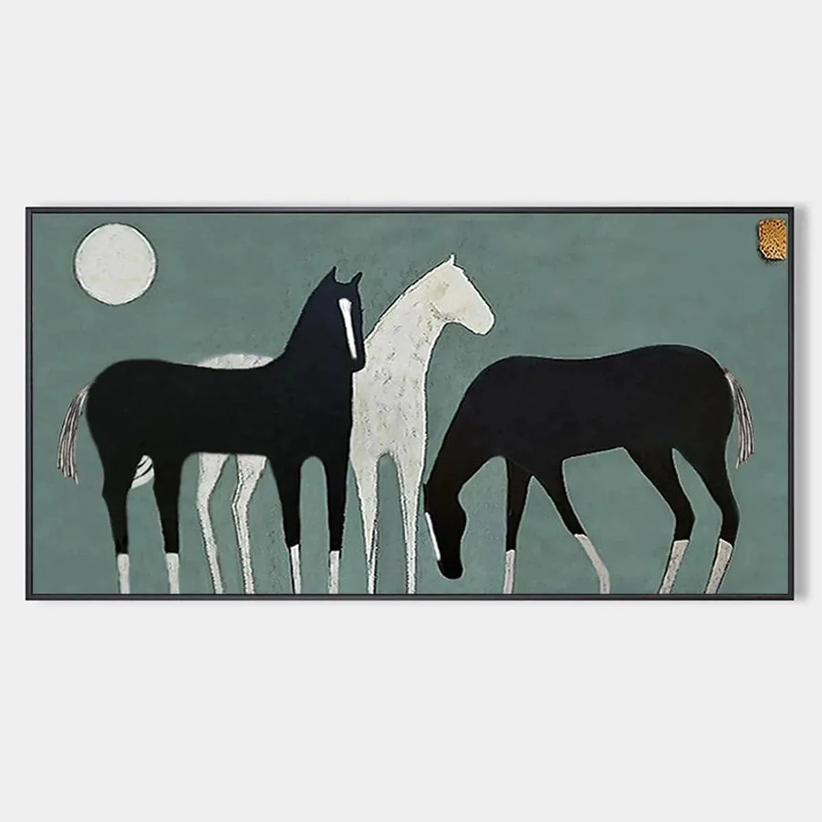 Three Horses Under the Moon minimalist art by Javier Ramirez. Panoramic painting. Modern wall art.