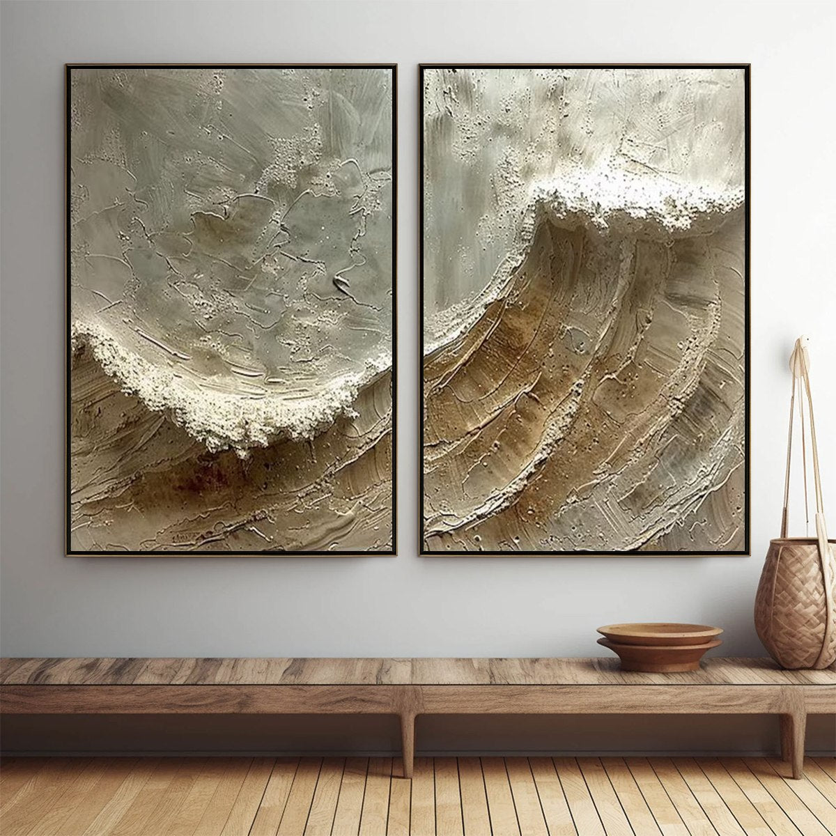 TIDAL WHISPER: Textured Wabi Sabi Coastal Diptych Oil Painting