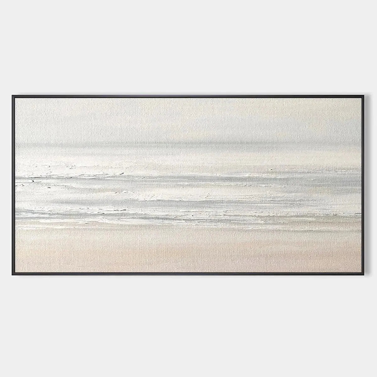 Tranquil Coast minimalist coastal landscape painting in neutral tones, horizontal canvas art.