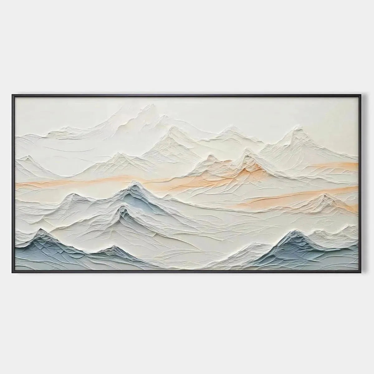 Textured abstract mountain landscape painting in beige and blue, "Tranquil Peaks" by Chen Liu.