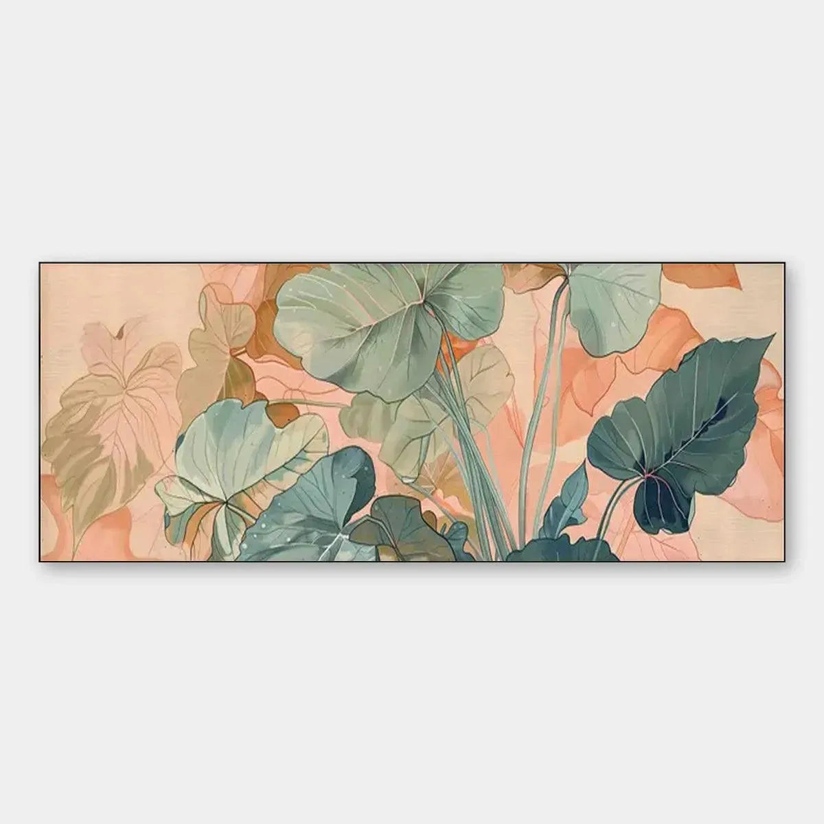 Panoramic botanical painting of lush teal and sage green tropical leaves on peach background.