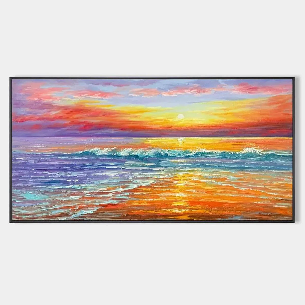 Original tropical sunset beach oil painting with vibrant orange, pink, purple sky over turquoise ocean waves.