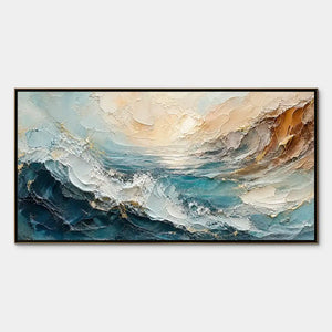 Textured turquoise ocean wave painting with cream and gold accents in framed wall art