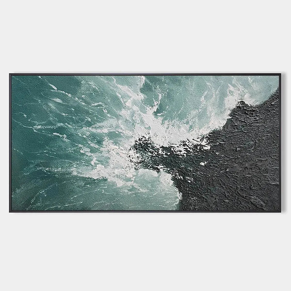 Turquoise Crash painting, abstract seascape in teal and black, textured waves and shore, framed art.