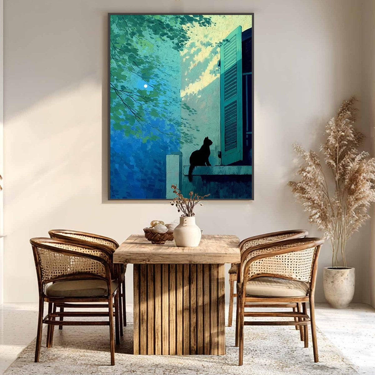 TWILIGHT PERCH: Minimalist Night Window Cat Oil Painting