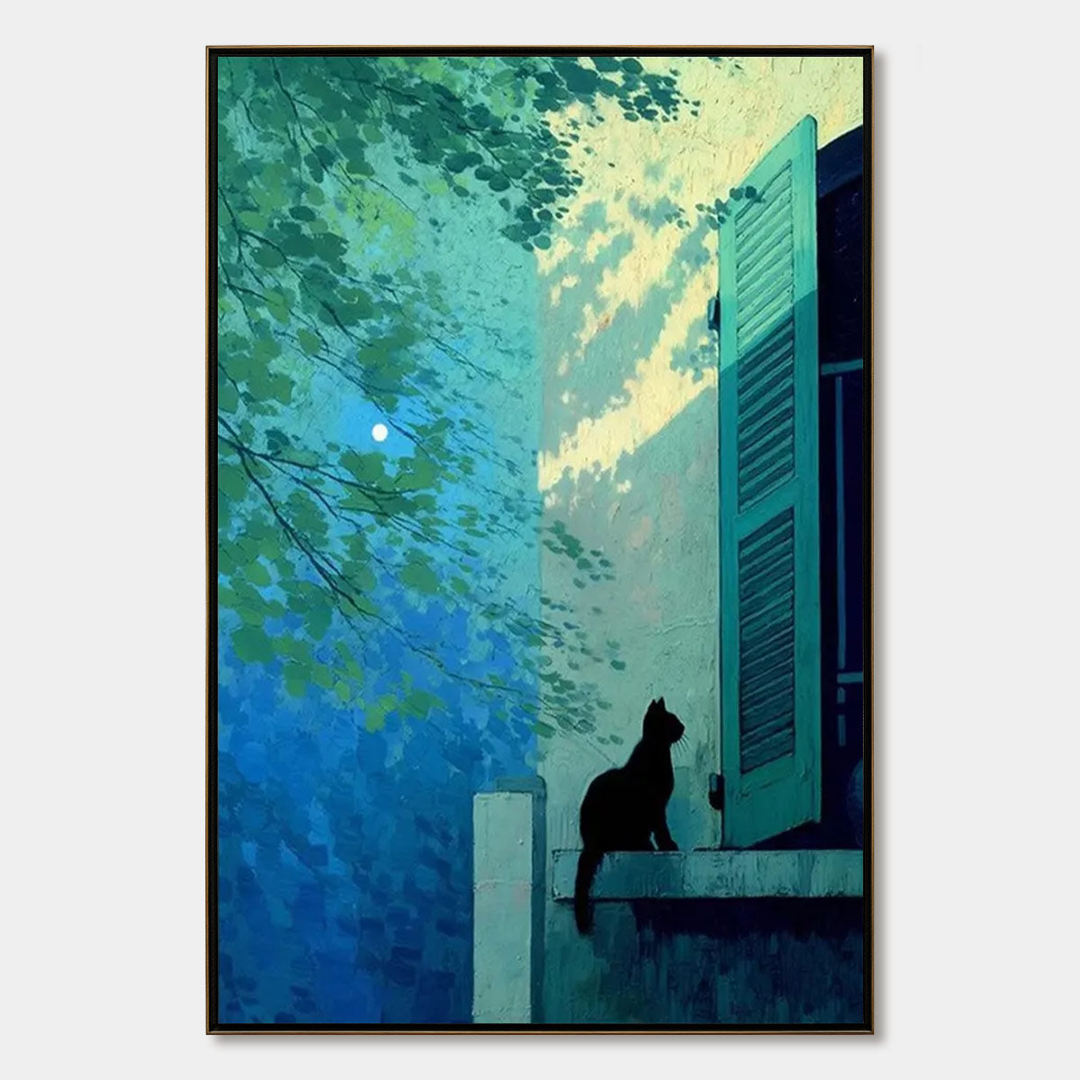 TWILIGHT PERCH: Minimalist Night Window Cat Oil Painting