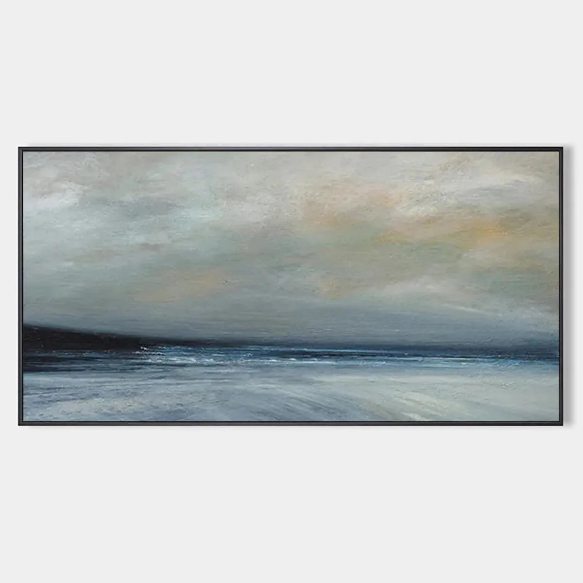 Panoramic coastal landscape painting at twilight, muted blues and grays, horizontal wall art by Liam O'Connell