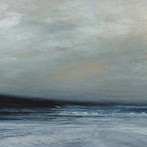 Twilight Coast by Liam O'Connell: horizontal panoramic oil painting of muted blue and gray sea at dusk.