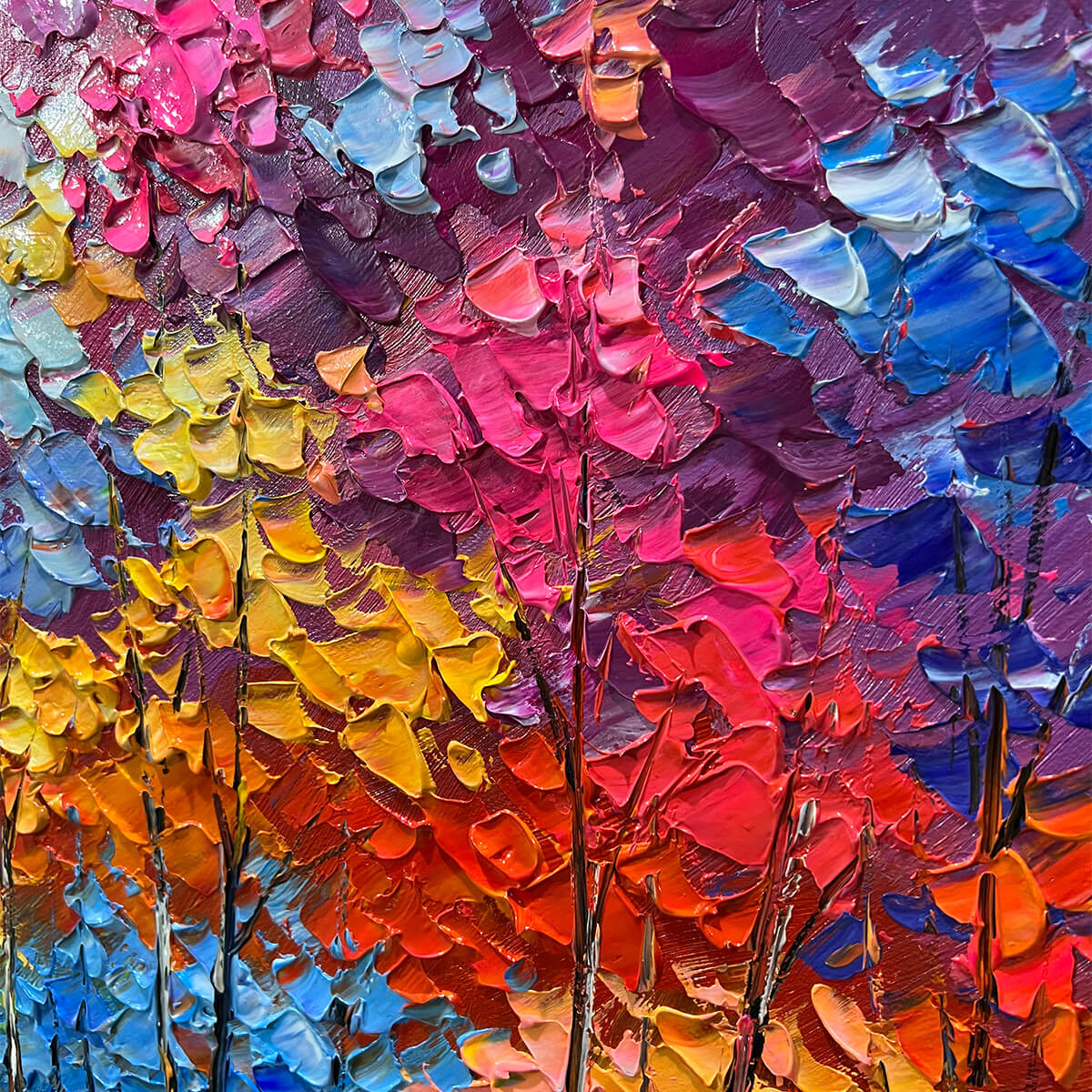 Vibrant impasto landscape painting detail by Willow Davies, featuring thick textured brushstrokes of colorful twilight trees.