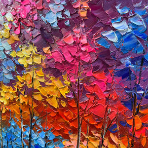 Vibrant impasto landscape painting detail by Willow Davies, featuring thick textured brushstrokes of colorful twilight trees.