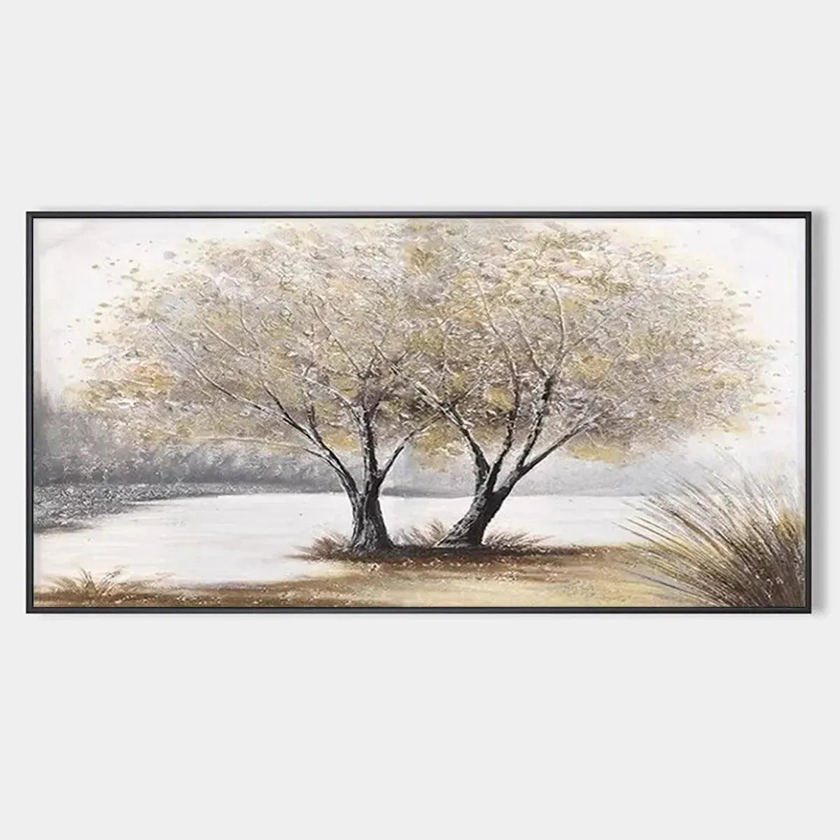 Framed 'Twilight Trees' painting: serene impressionistic landscape with two textured trees by water, neutral palette.