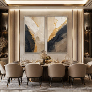 TWIN EMBER: Black Gold Diptych Abstract Set