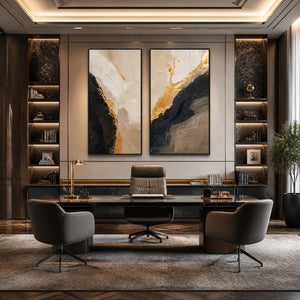 TWIN EMBER: Black Gold Diptych Abstract Set
