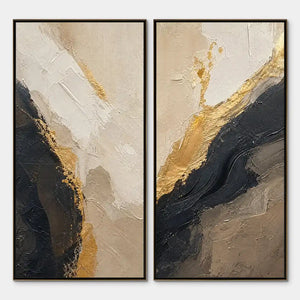 Twin Ember black gold diptych abstract wall art with textured neutral tones