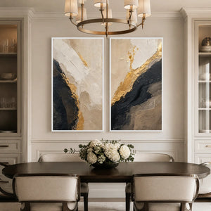 Twin Ember black gold diptych abstract wall art displayed in a refined dining room.