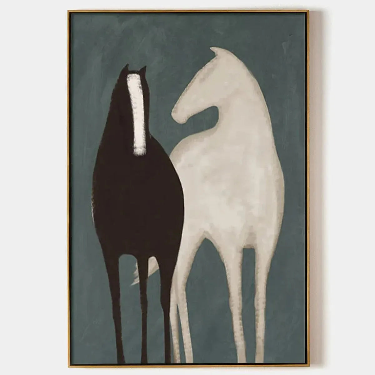 Two Horses minimalist art by Javier Ramirez. Black and white horses on teal background, framed vertical wall art.