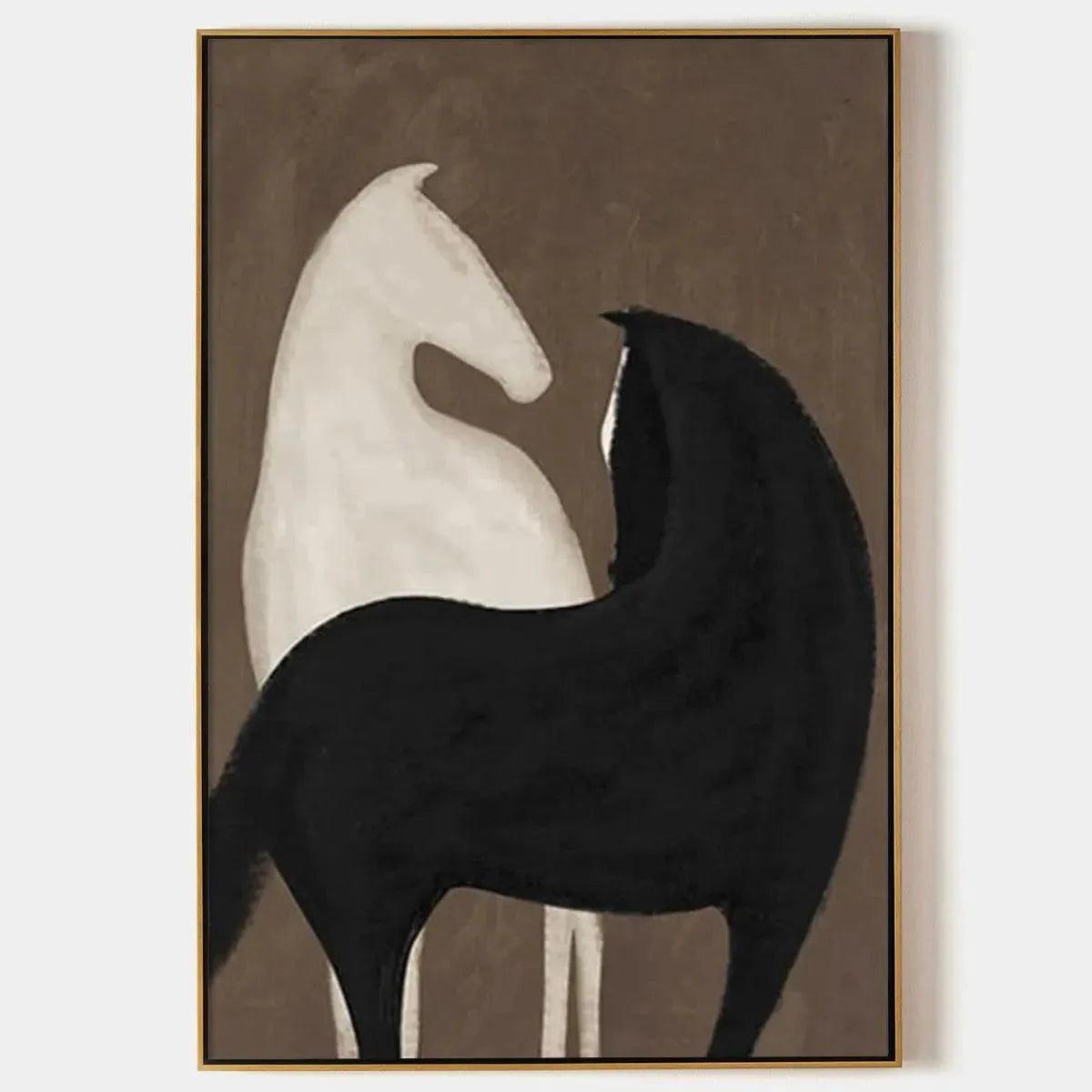 Javier Ramirez 'Two Horses on Brown' art: Black and white minimalist horse painting, vertical wall art, gold frame.