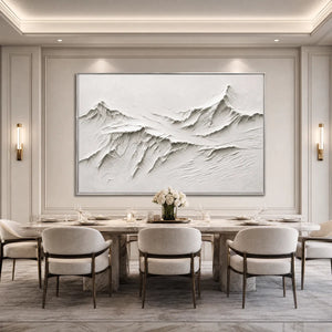 White textured mountain wall art in a modern dining room, abstract acrylic painting