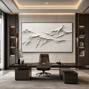 White textured mountain abstract wall art above modern office desk