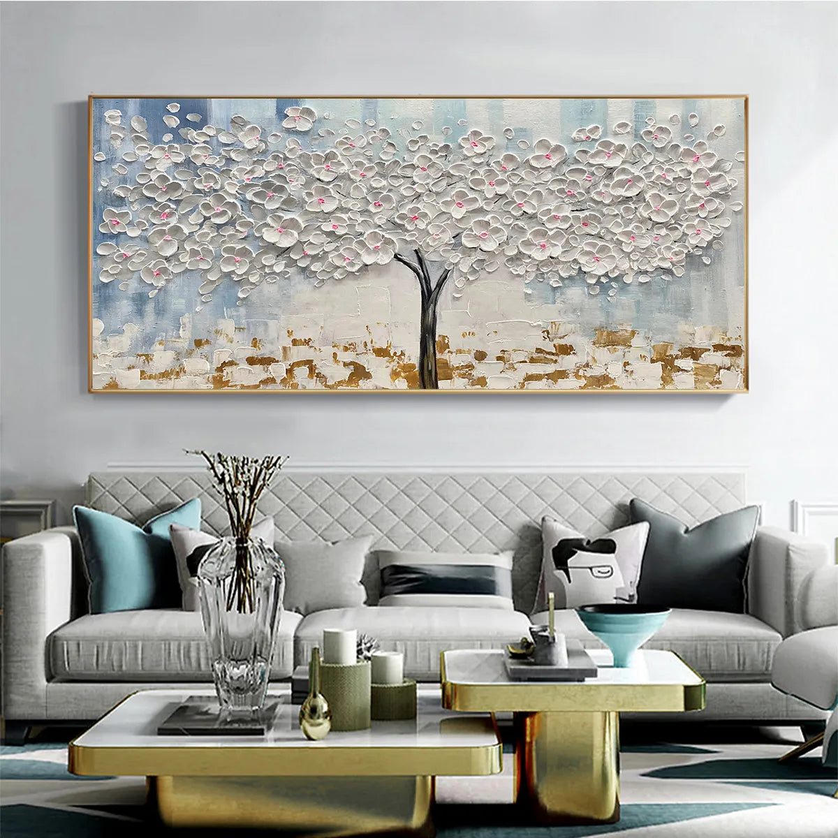 BLOSSOM DREAM: Textured Blossom Tree Painting in White and Gold