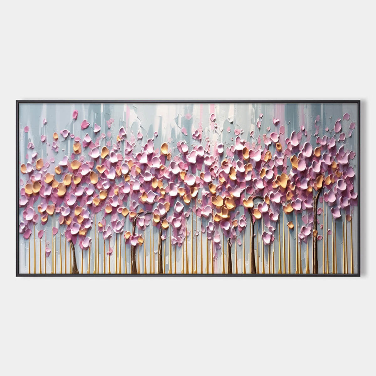 Rosewood Dawn: Textured Floral Landscape Oil Painting Canvas Wall Art Decor in Pink