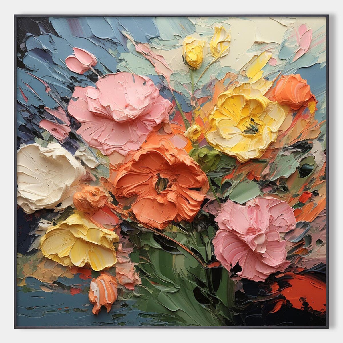 Blooming Bouquet: Floral Oil Painting | Textured | Impasto | Colorful | Flowers | Square