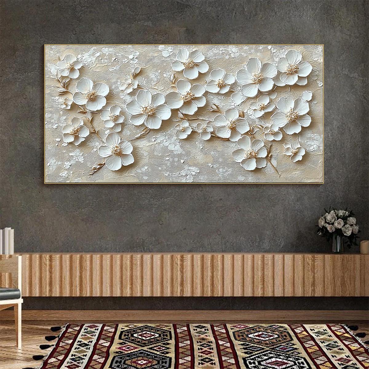 Golden Blossoms: Original Textured Floral Oil Painting - White & Gold Flower Wall Art