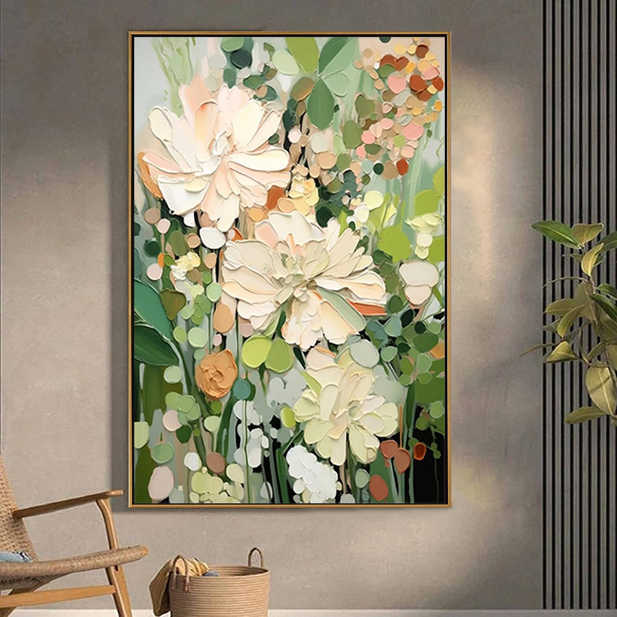 Blushing Blooms: Textured Floral Painting | Impasto Palette Knife | Vertical Canvas | Modern Floral Wall Art