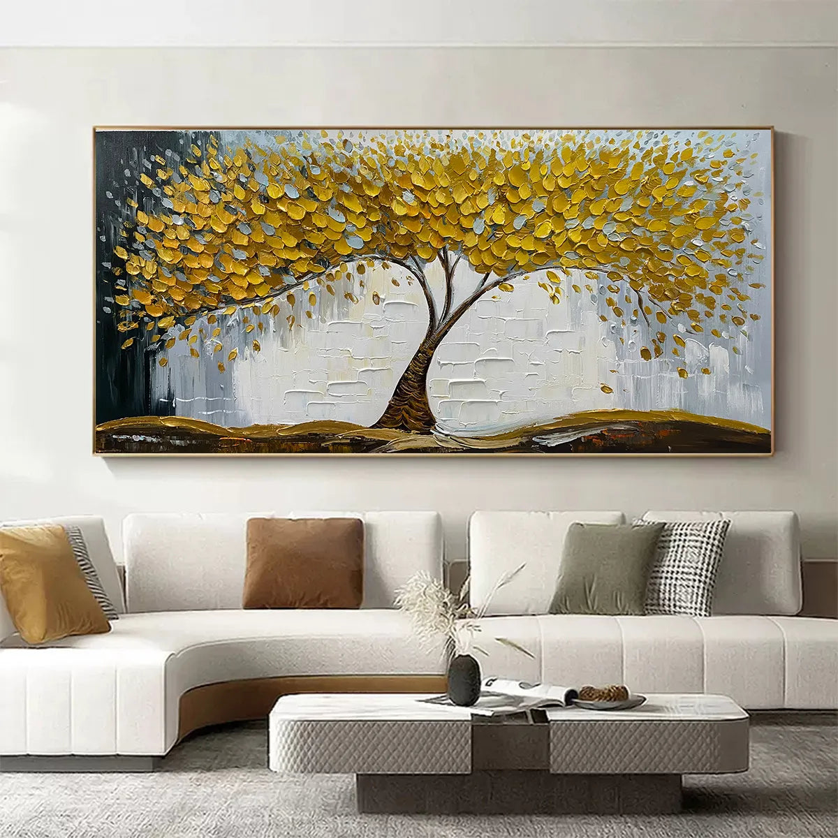 Golden Sanctuary: Textured Golden Tree Oil Painting Canvas Wall Art Nature Decor