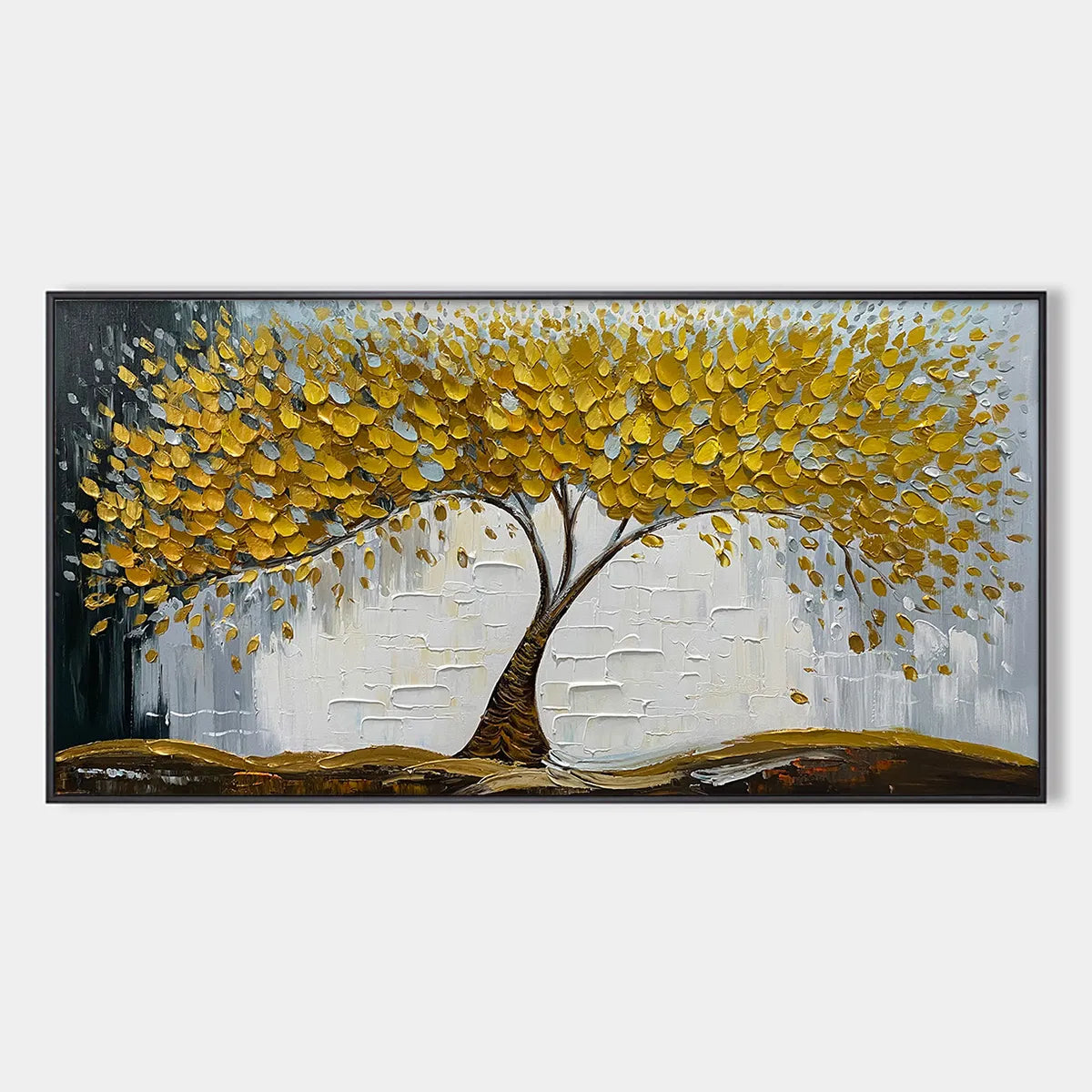 Golden Sanctuary: Textured Golden Tree Oil Painting Canvas Wall Art Nature Decor