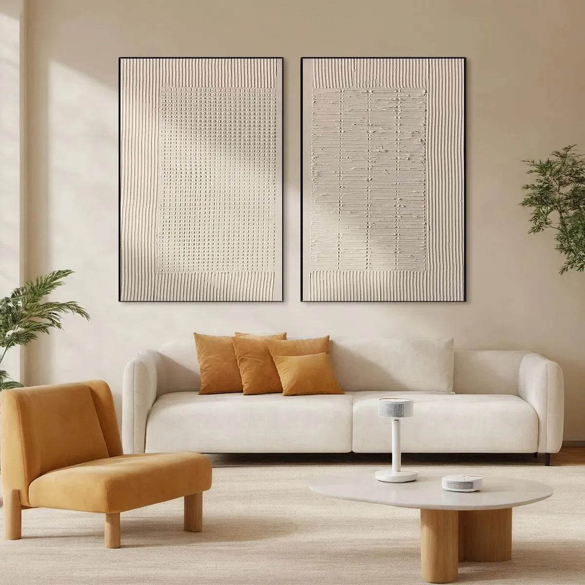 Textured Grid Duo abstract paintings by Javier Ramirez in beige, modern elegance, minimalist texture for living room.