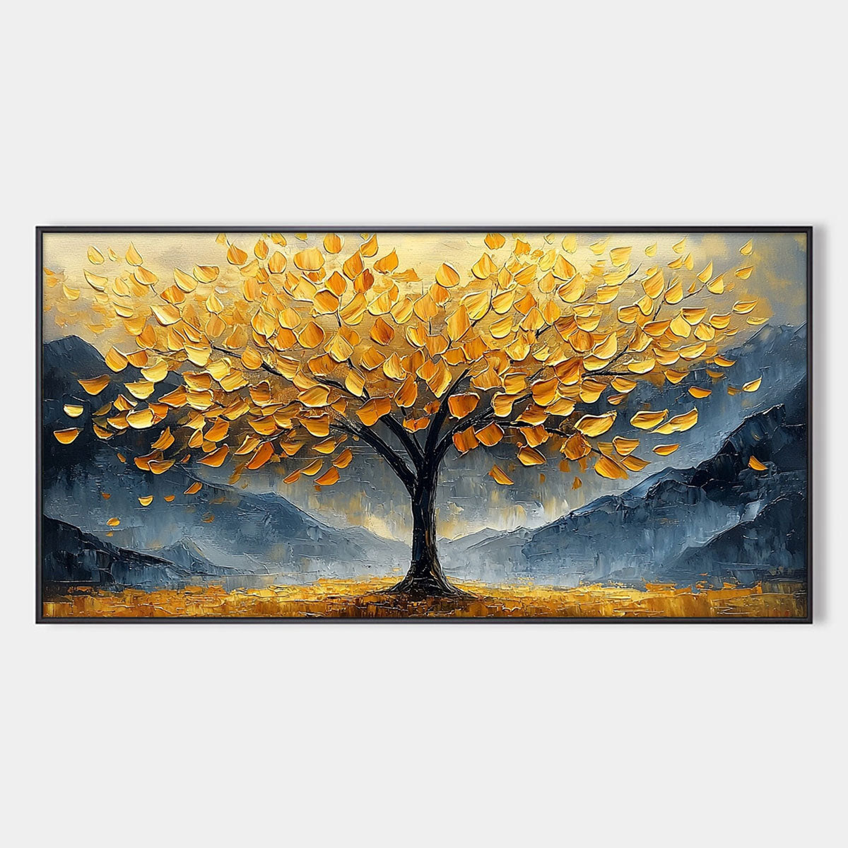 Golden Sanctuary: Original Textured Landscape Oil Painting - Golden Tree Wall Art