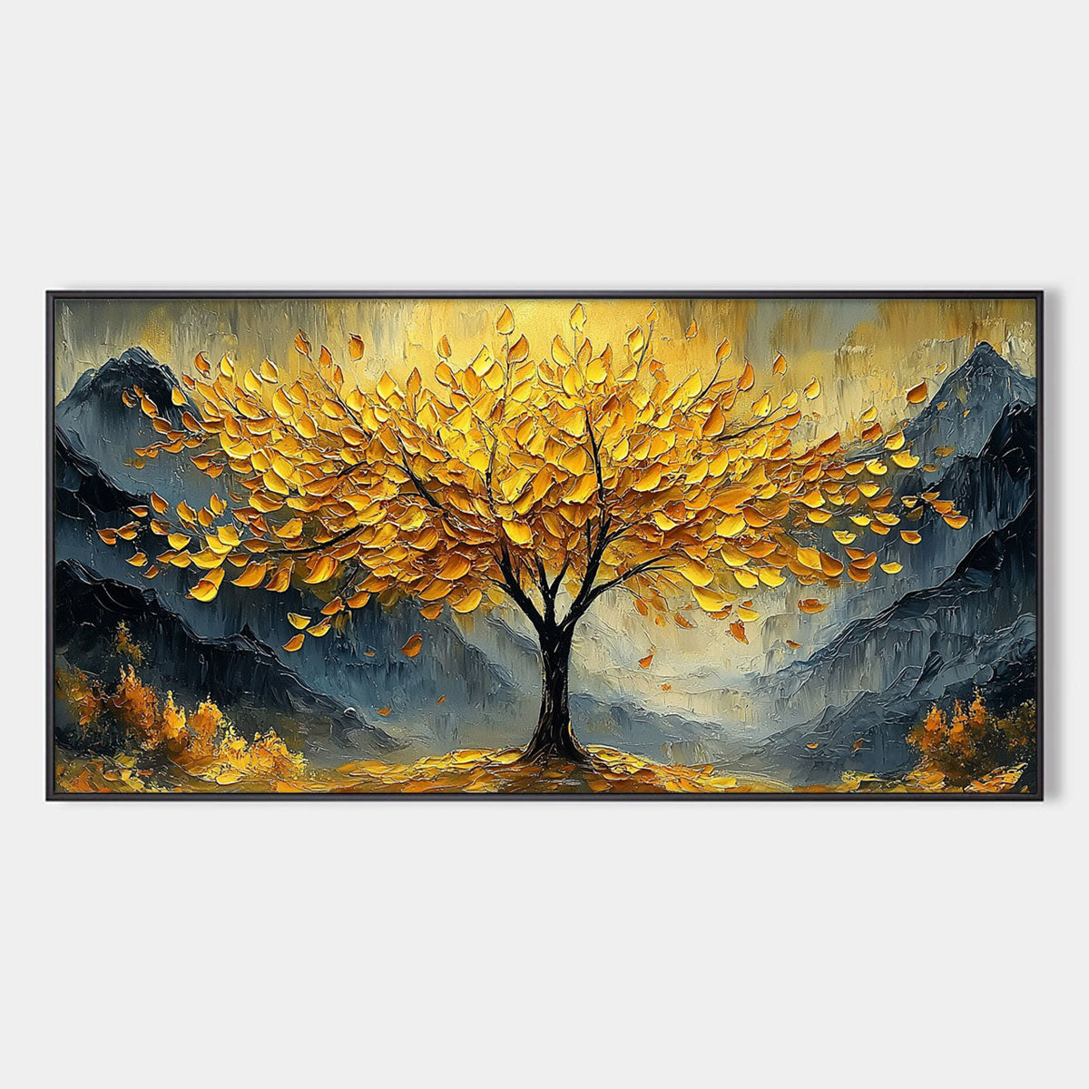Golden Majesty: Original Textured Landscape Oil Painting - Golden Tree Mountain Wall Art