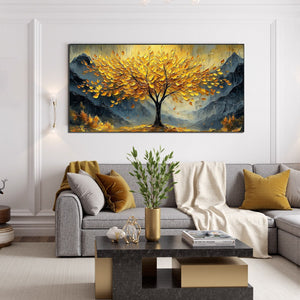 Golden Majesty: Original Textured Landscape Oil Painting - Golden Tree Mountain Wall Art