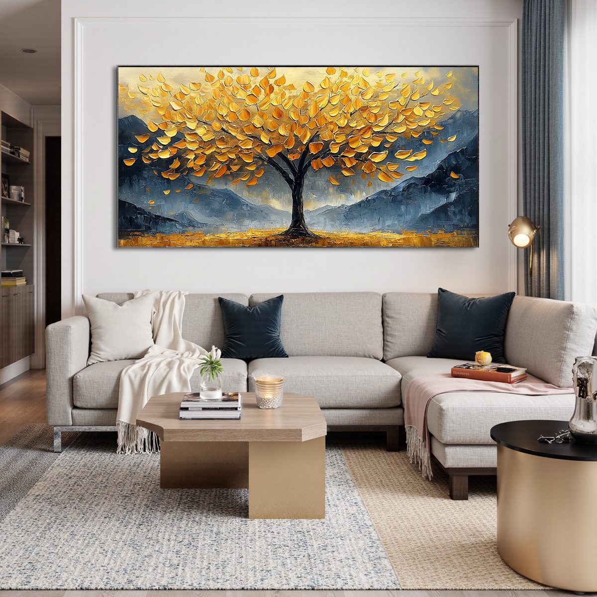 Golden Sanctuary: Original Textured Landscape Oil Painting - Golden Tree Wall Art