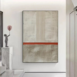 Javier Ramirez textured minimalist painting: Beige, terracotta abstract art, vertical lines, modern wall decor.
