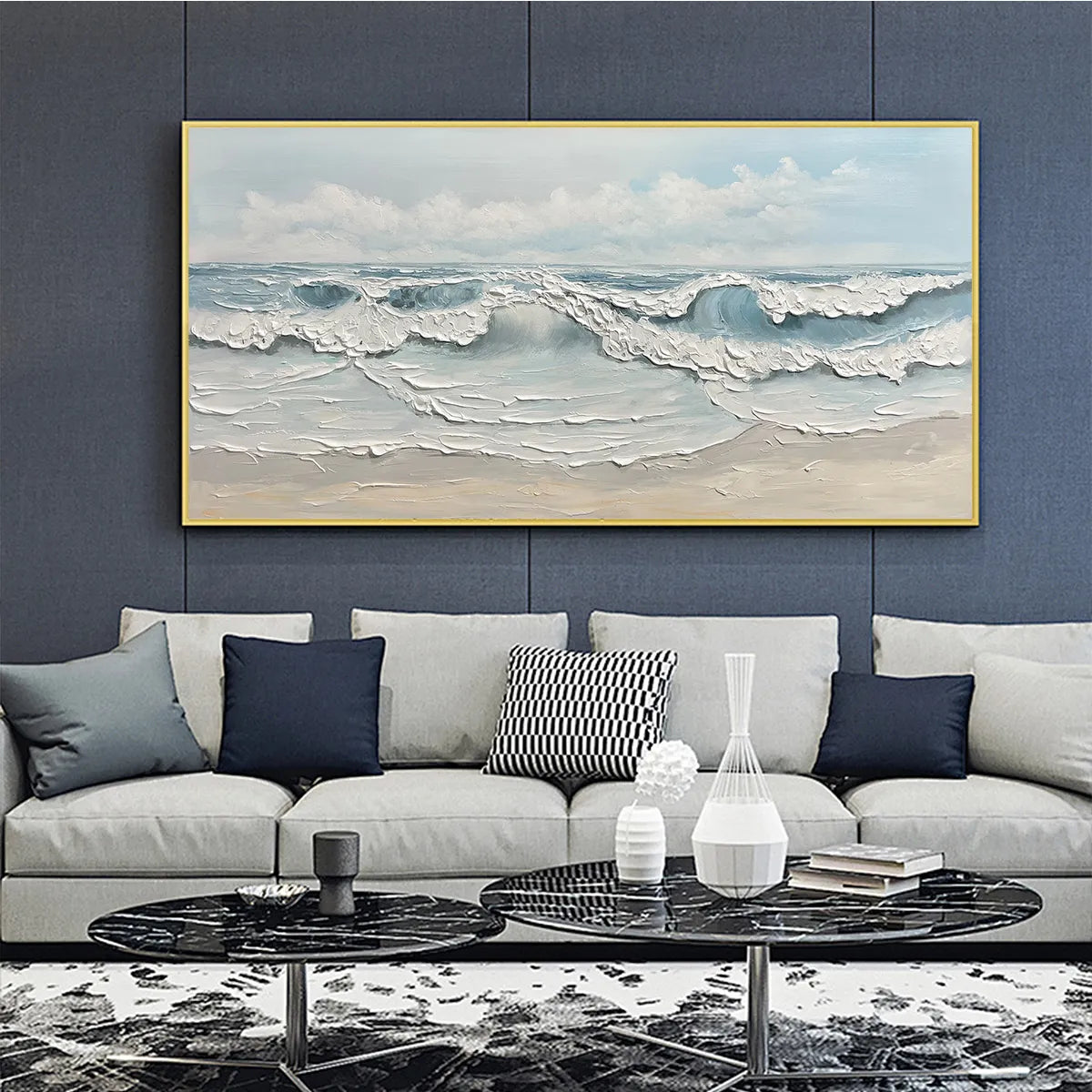 Coastal Serenity: Textured Ocean Waves Seascape Impasto Oil Painting Canvas Wall Art