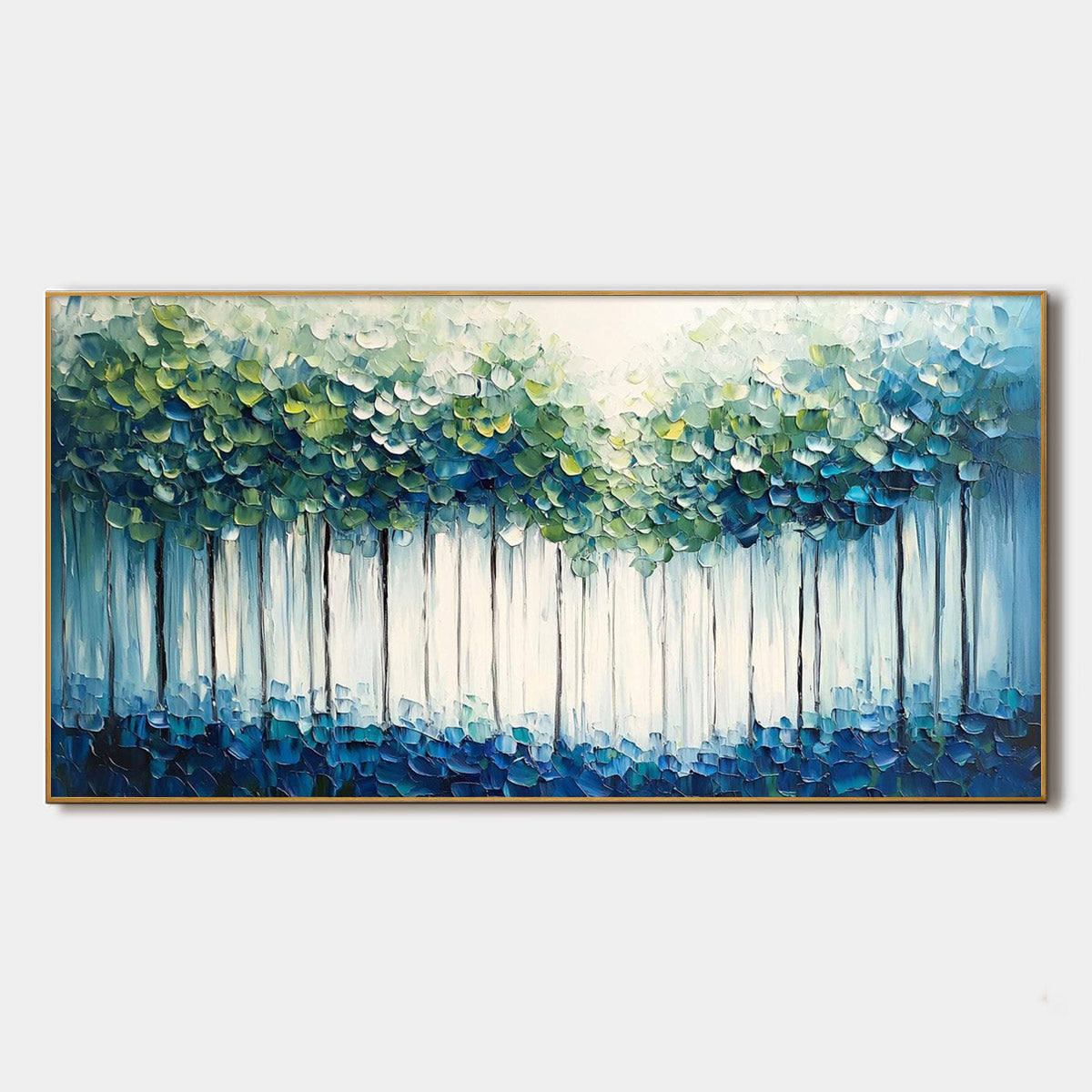 Forest Whispers: Original Textured Panoramic Oil Painting - Blue Green Forest Wall Art