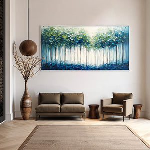Forest Whispers: Original Textured Panoramic Oil Painting - Blue Green Forest Wall Art