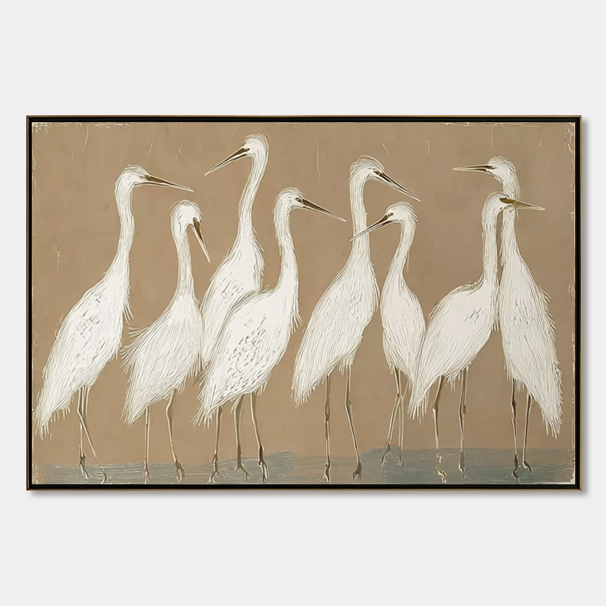 The Gathering: Beige Wabi Sabi Egret Flock Oil Painting on Canvas