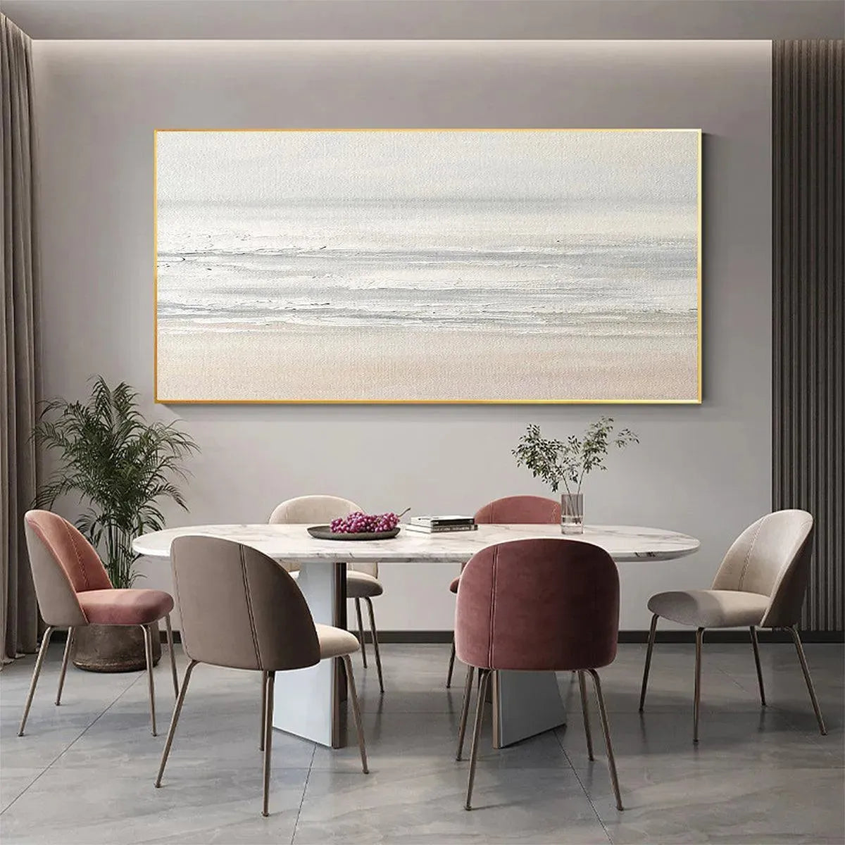 Liam O'Connell's original Tranquil Coast painting, minimalist coastal wall art in neutral tones, lifestyle scene.