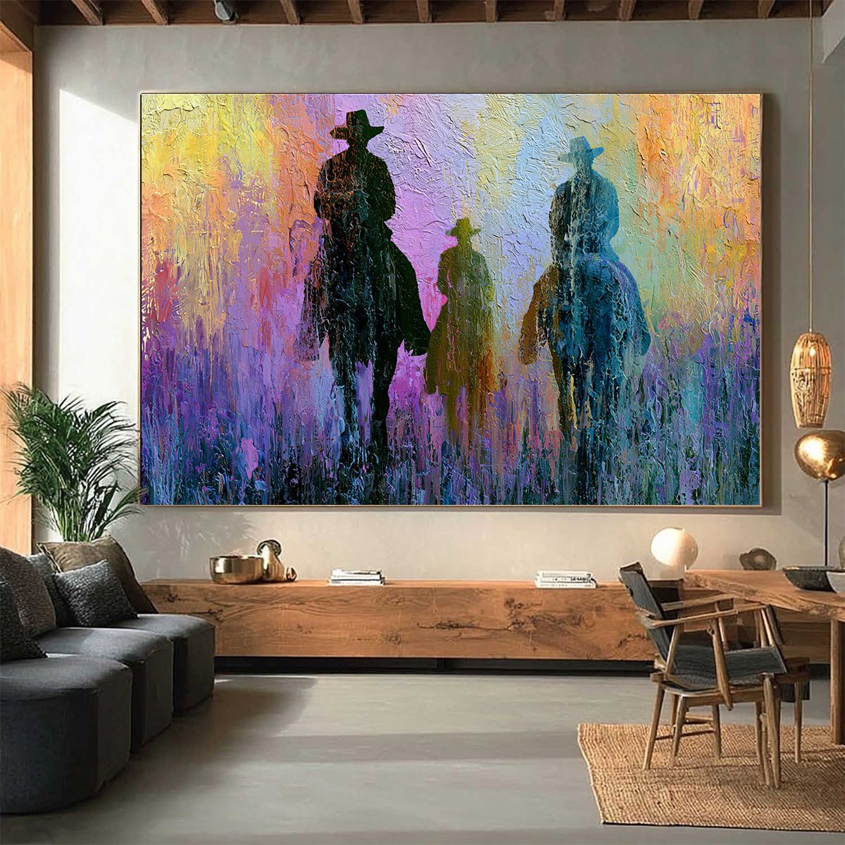 Twilight Posse: Textured Cowboy & Horse Oil Painting Wall Art