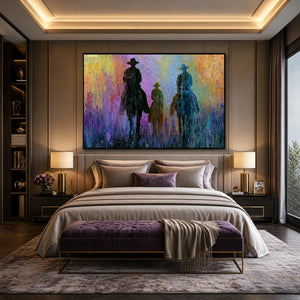 Textured cowboy and horse oil painting wall art above a luxury bedroom bed